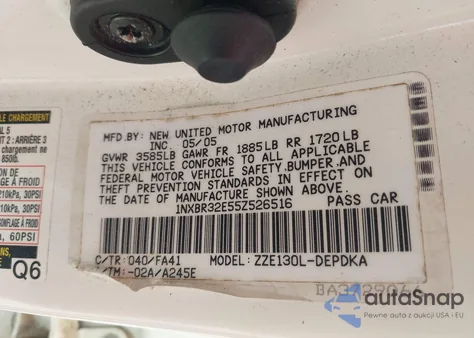 2005 Toyota Corolla Ce z USA, uszkodzony, nr VIN 1NXBR32E55Z526516